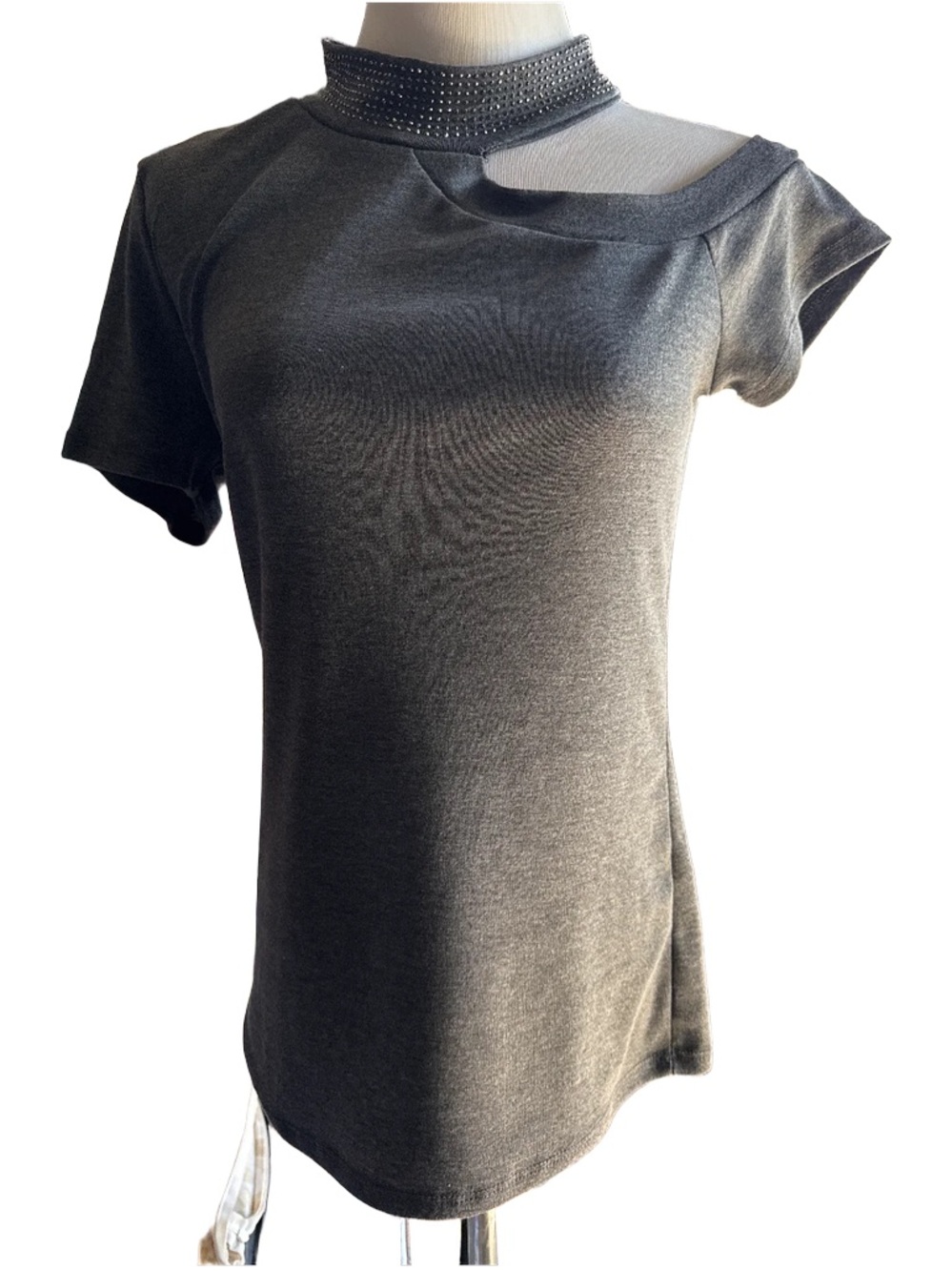 Vocal Black Mock Neck Cutout Short Sleeve Tee